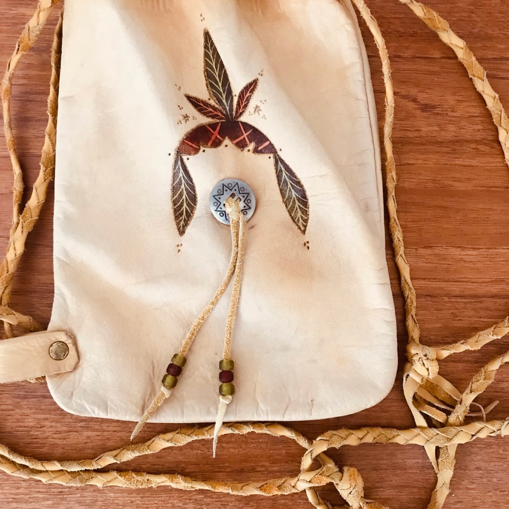 Handcrafted Light Tan Leather Crossbody Bag with Boho Bead Detail